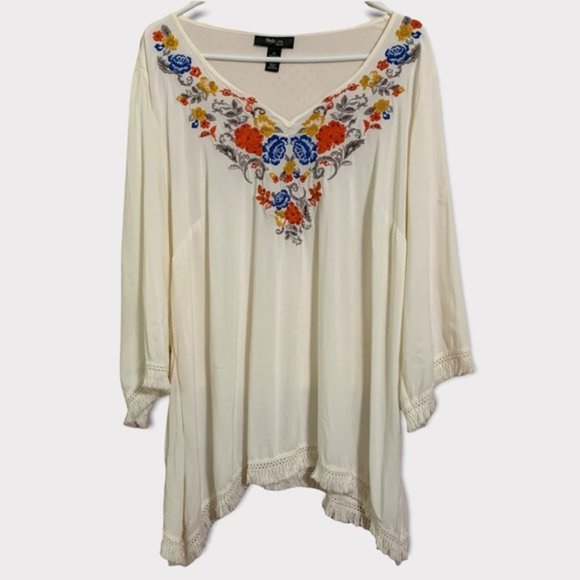 Style & Co. Tops - Style & Co Boho Embroidered Fringe Top